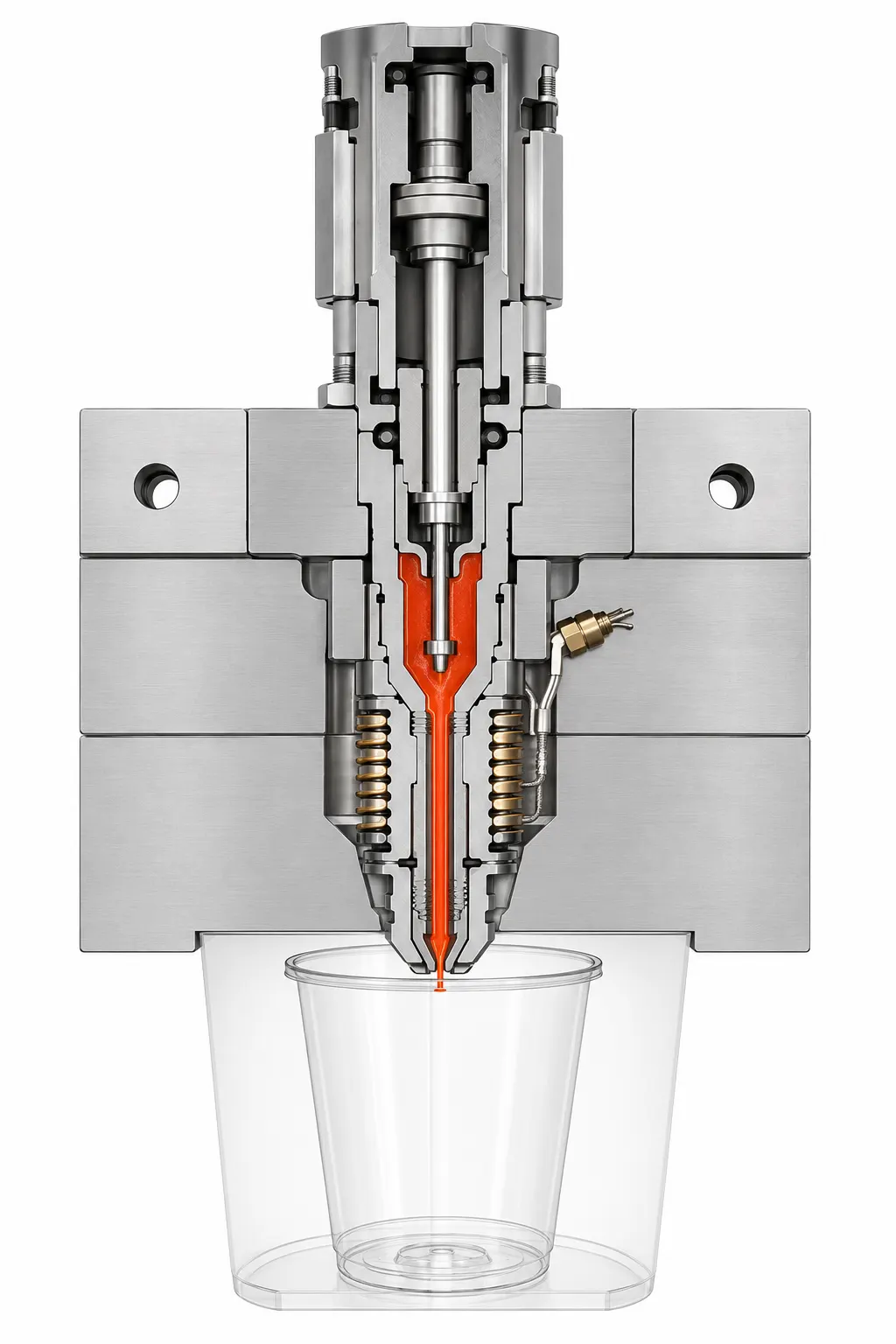 Section view showing valve-gate hot runner integration